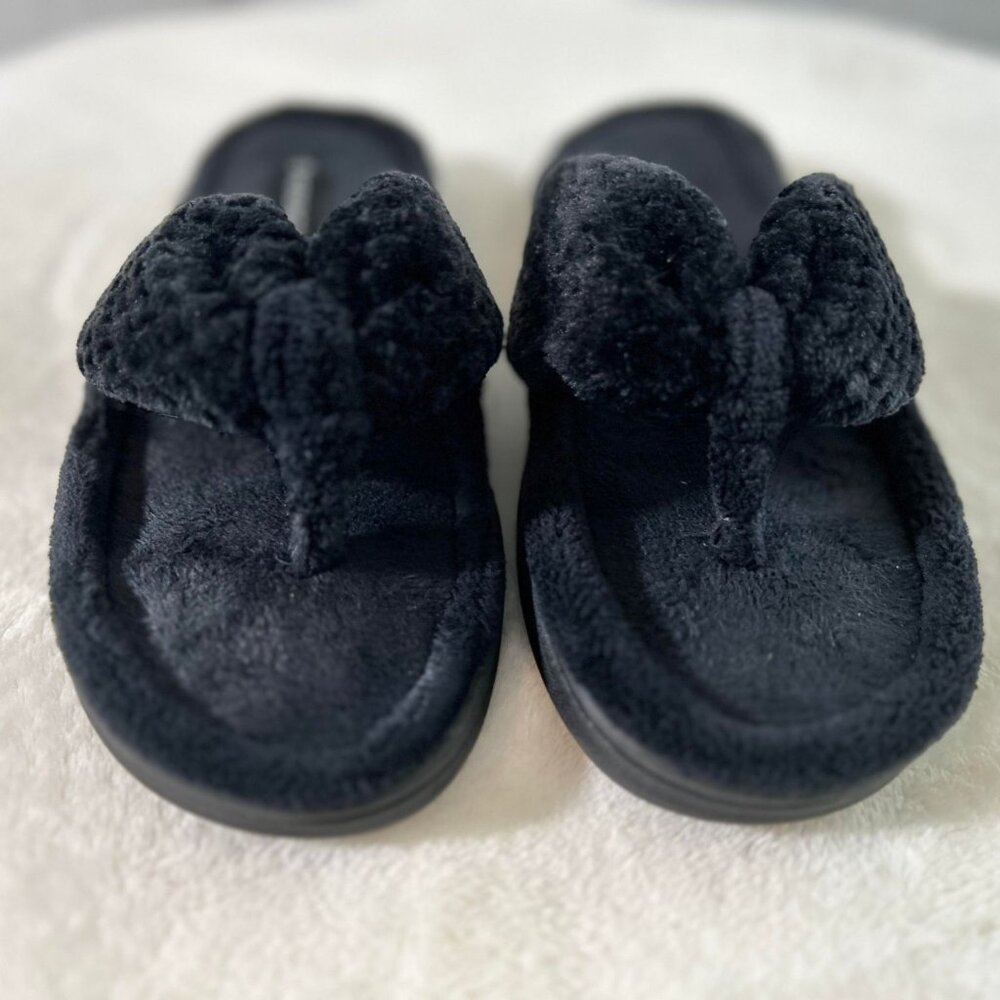 Women's Black Fuzzy Thong Slippers with Memory Foam Sole for Support